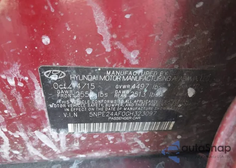 2016 Hyundai Sonata Se z USA, uszkodzony, nr VIN 5NPE24AF0GH323097
